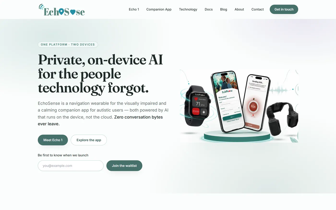 EchoSense — منتجي الخاص: الموقع التعريفي لجهاز مساعد قابل للارتداء. من الفكرة إلى التصميم والتنفيذ بالكامل — دليل على أنني أُطلق منتجات كاملة وليست مجرد صفحات.